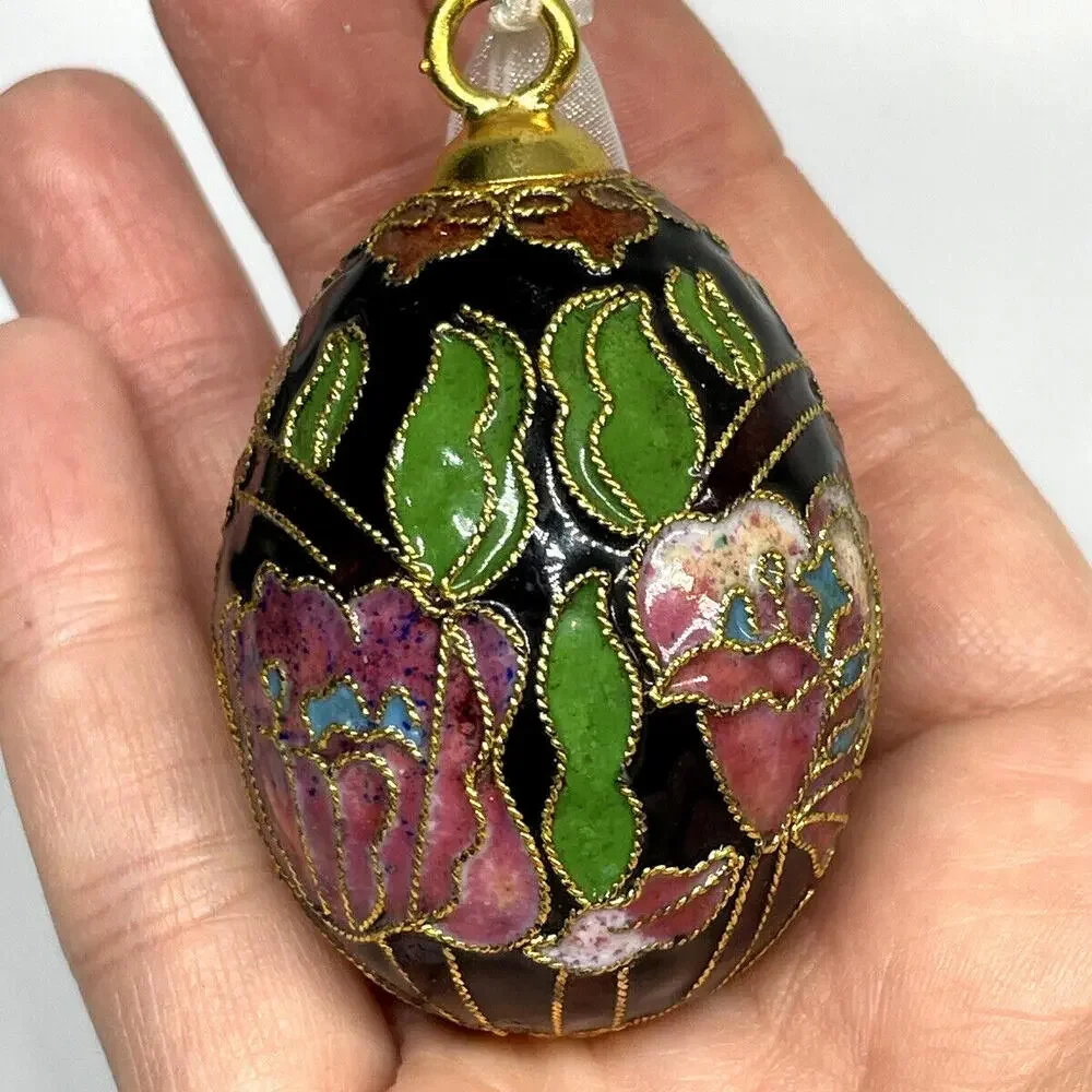Pink Black Gold Floral Cloisonne‎ EGG Ornament Vintage